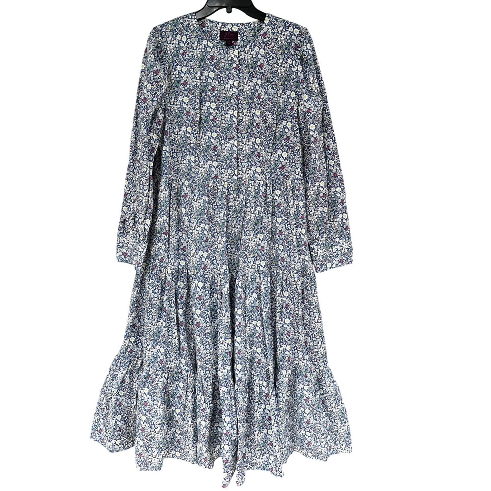J.Crew Liberty Floral Tiered Midi Dress Blue White Size 14 Long Cotton Cottage